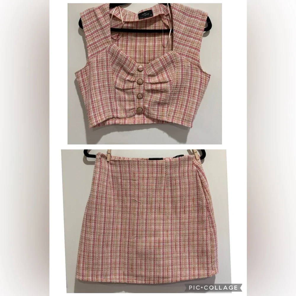 Milk and Honey Pink Tweed Crop Top Women's Skirt Set - Picture 1 of 7